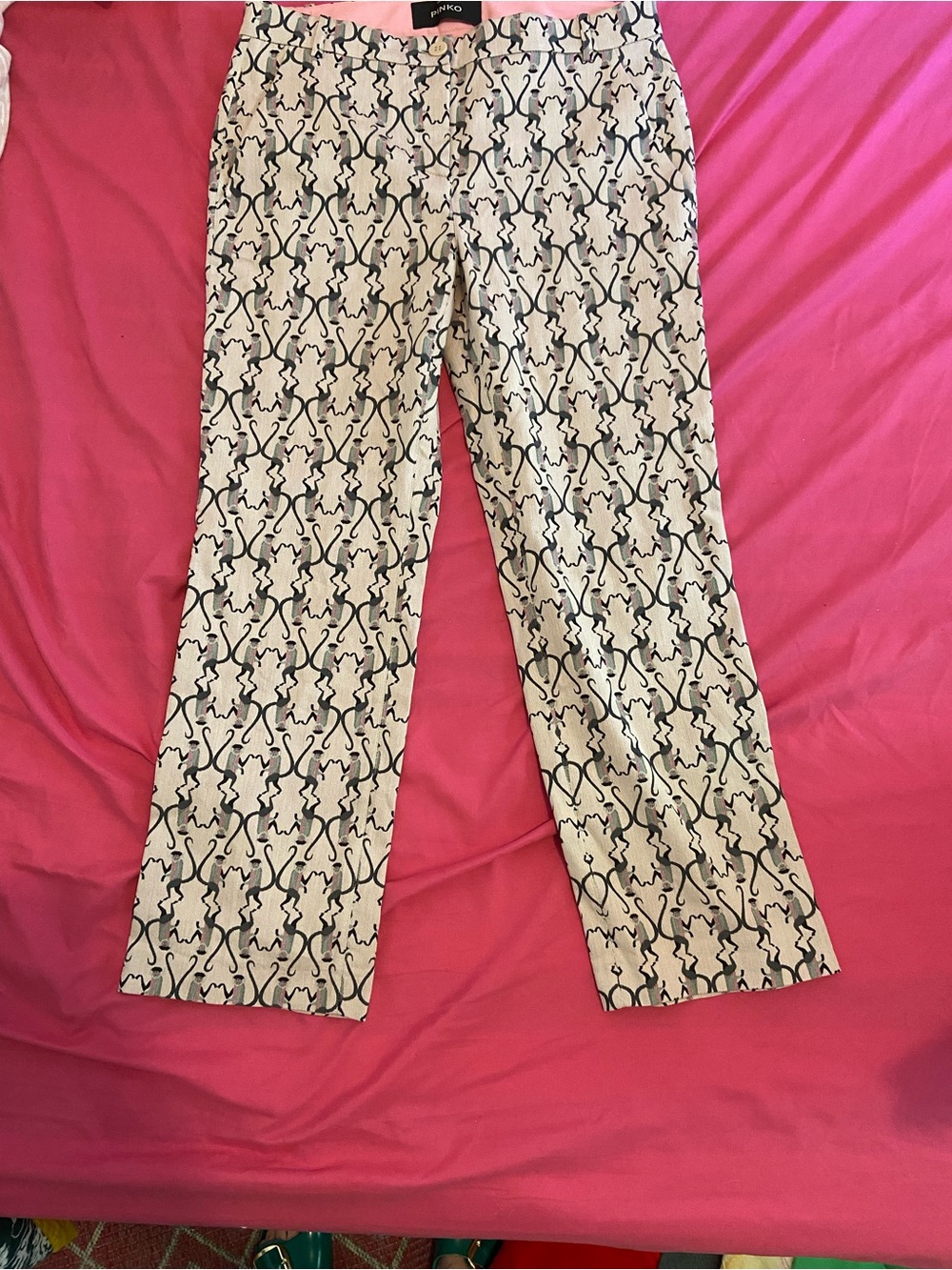 Pinko Beige Trousers with Black, Green & Pink Monkey Print